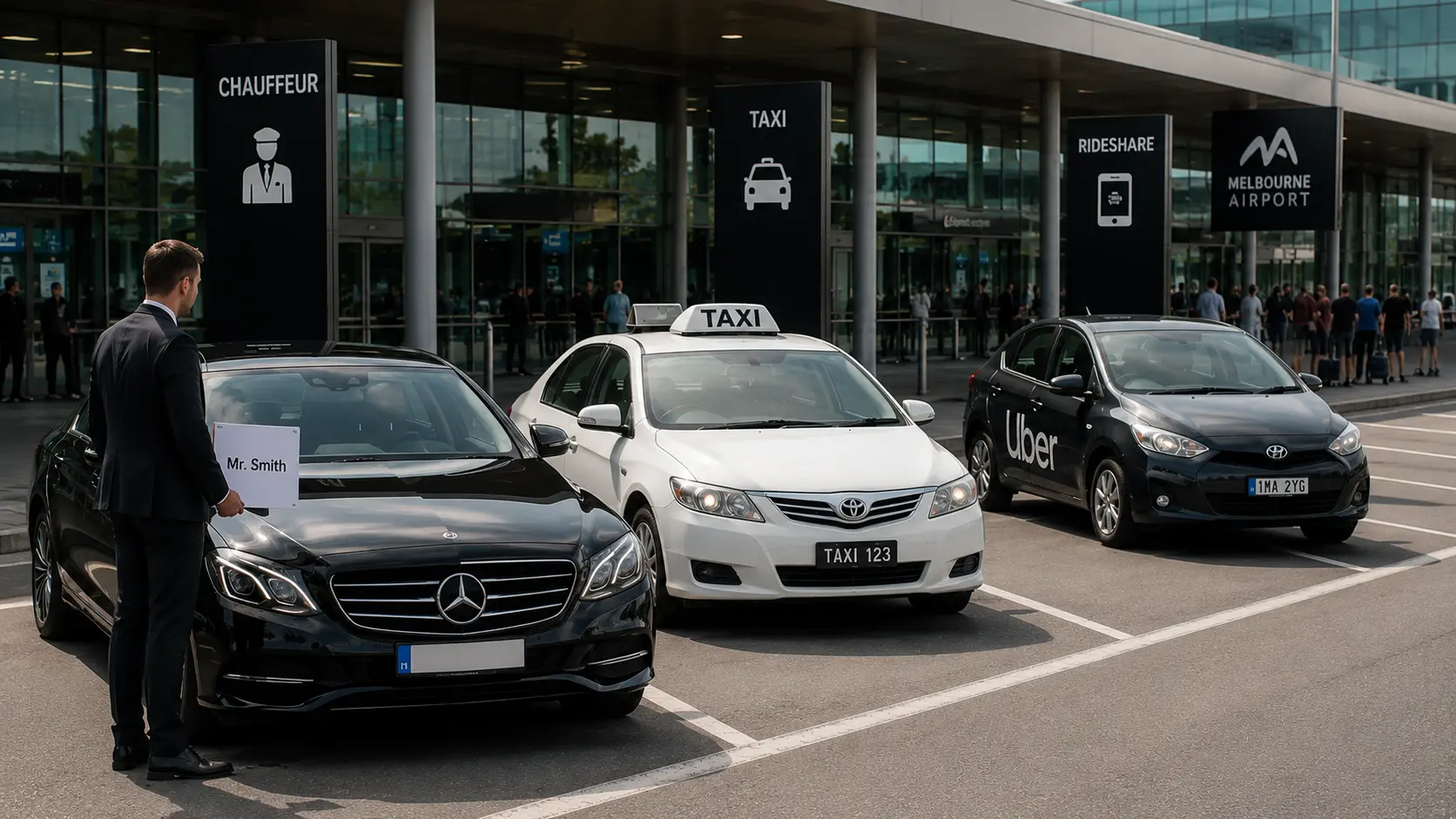 Airport Transport Melbourne with a professional chauffeur, luxury sedan, taxi and rideshare vehicles at a busy Melbourne Airport pickup area.