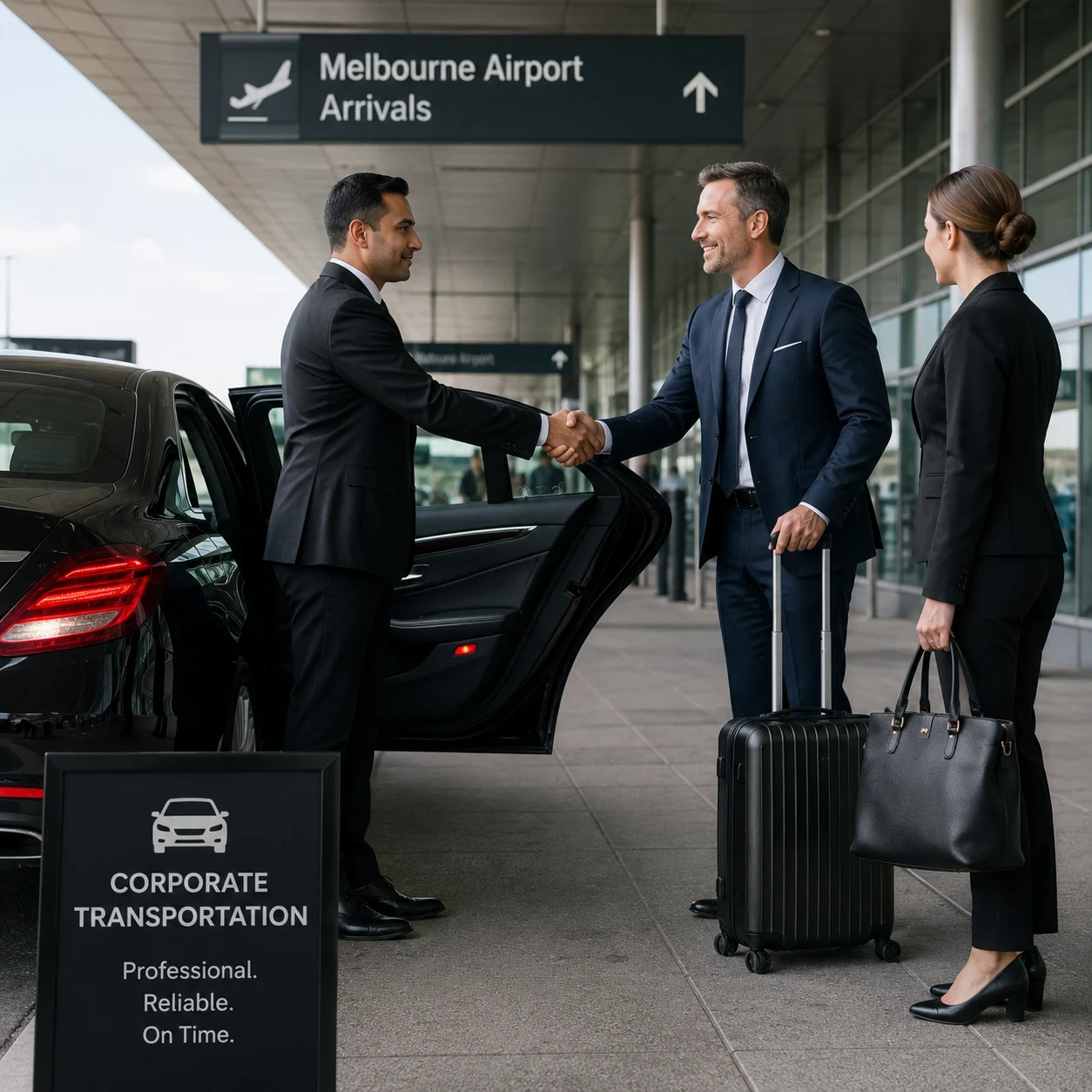 Professional chauffeur greeting visiting corporate clients beside a luxury sedan outside Melbourne Airport for a corporate airport transfer.