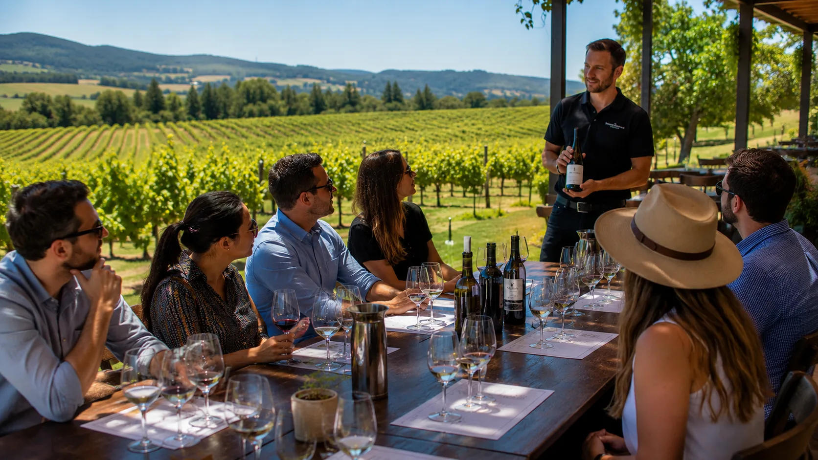 Corporate group enjoying a customised wine tasting at a vineyard with a host presenting wine.