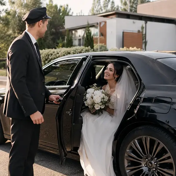 Wedding chauffeur assisting a bride into a luxury car outside a Melbourne wedding venue.