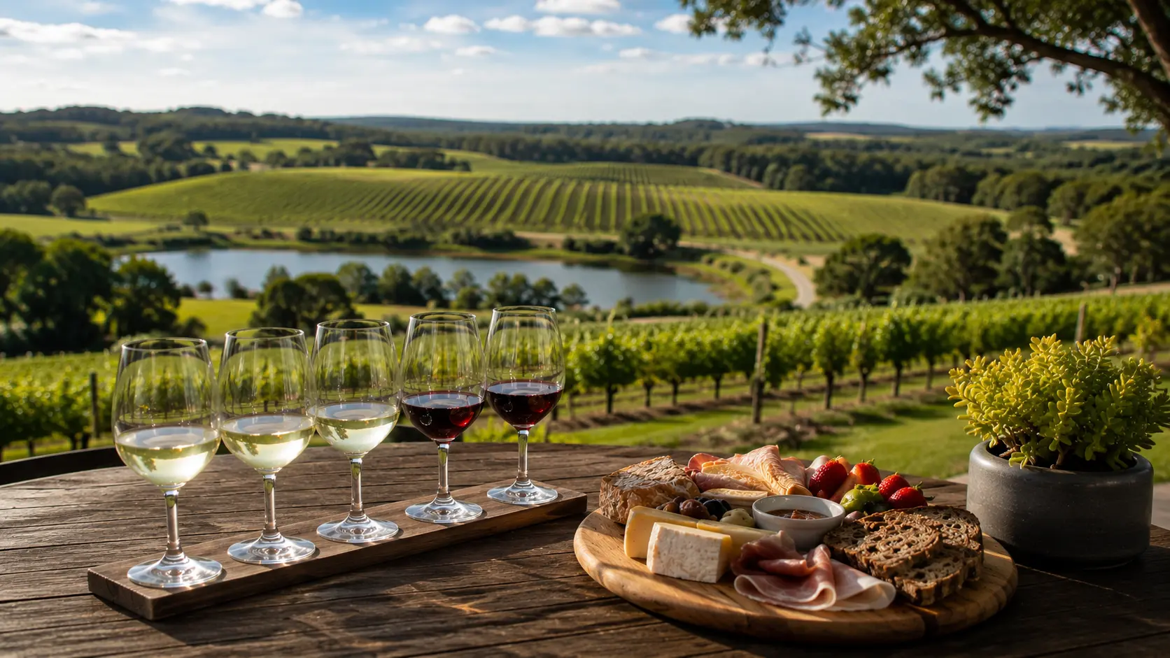 Wine Tours Melbourne with wine tasting, vineyard views and a gourmet food platter.