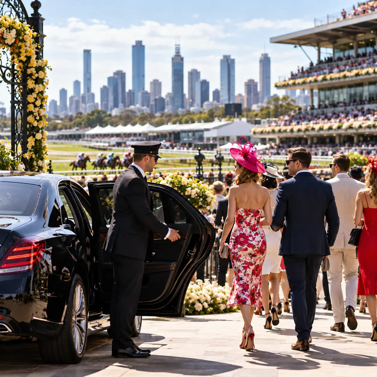 Melbourne Cup visitors arriving in style with a Chauffeur Service Melbourne near the racecourse.