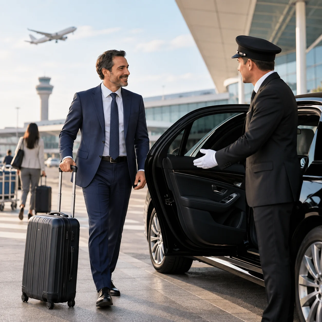 Corporate Transportation Melbourne chauffeur helping an international business traveller into a luxury airport transfer car.