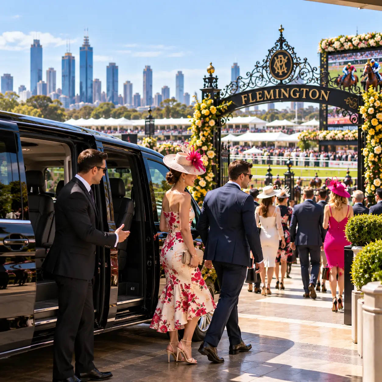 Event Transportation Melbourne with a chauffeur-driven vehicle arriving at Flemington for the Melbourne Cup Carnival.