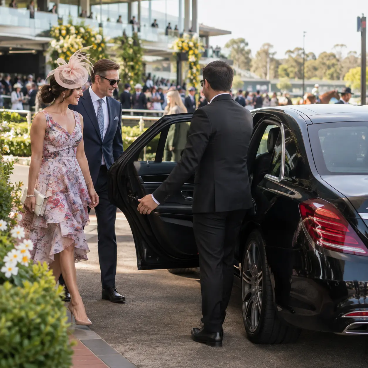 Event Transportation Melbourne with luxury chauffeur vehicles arriving at a racecourse for a special event.