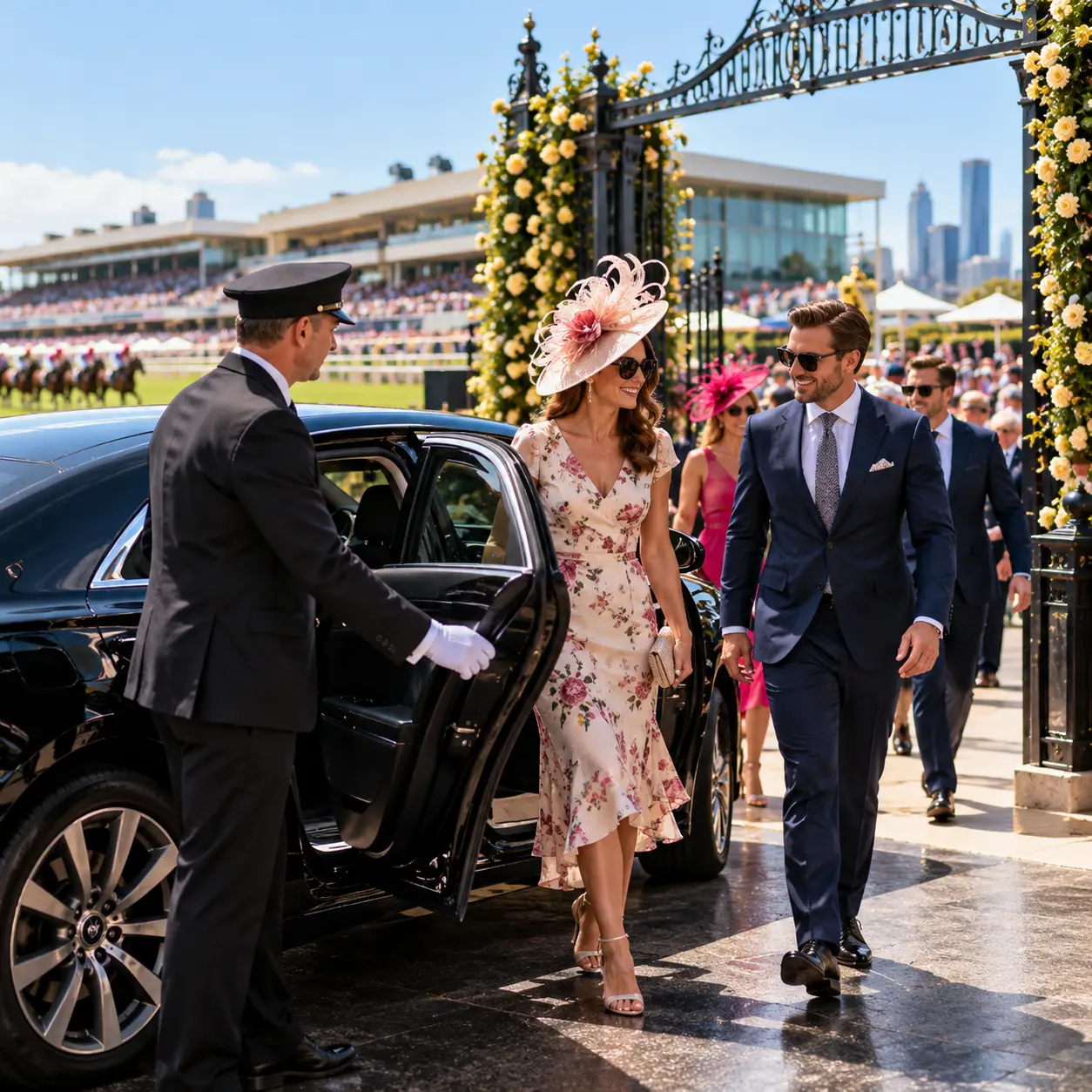 Event Transportation Melbourne with chauffeur-driven luxury car arrivals at Flemington Racecourse for Victoria Derby Day 2026.