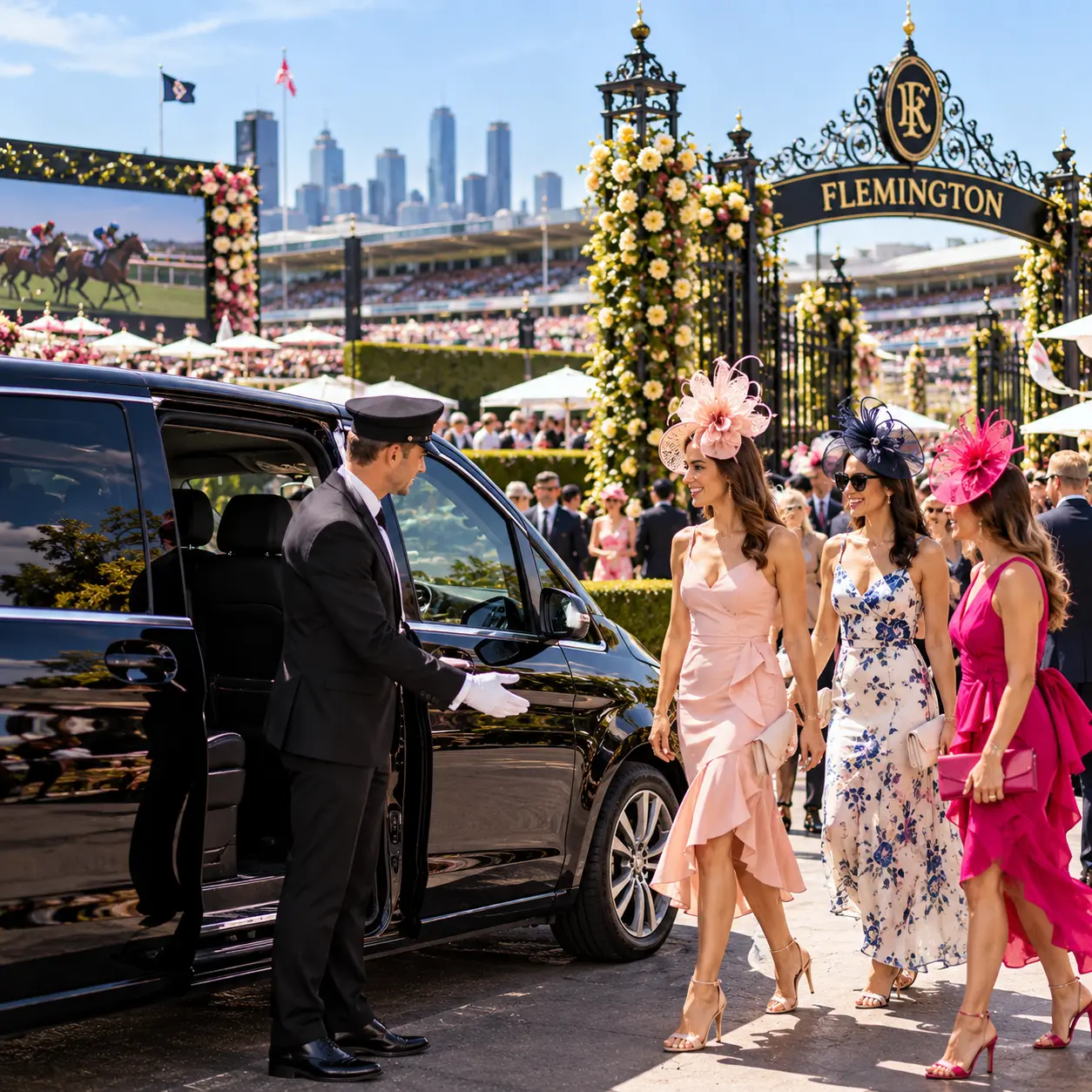 Crown Oaks Day 2026 chauffeur transport to Flemington, featuring a luxury vehicle, professional driver and racegoers.