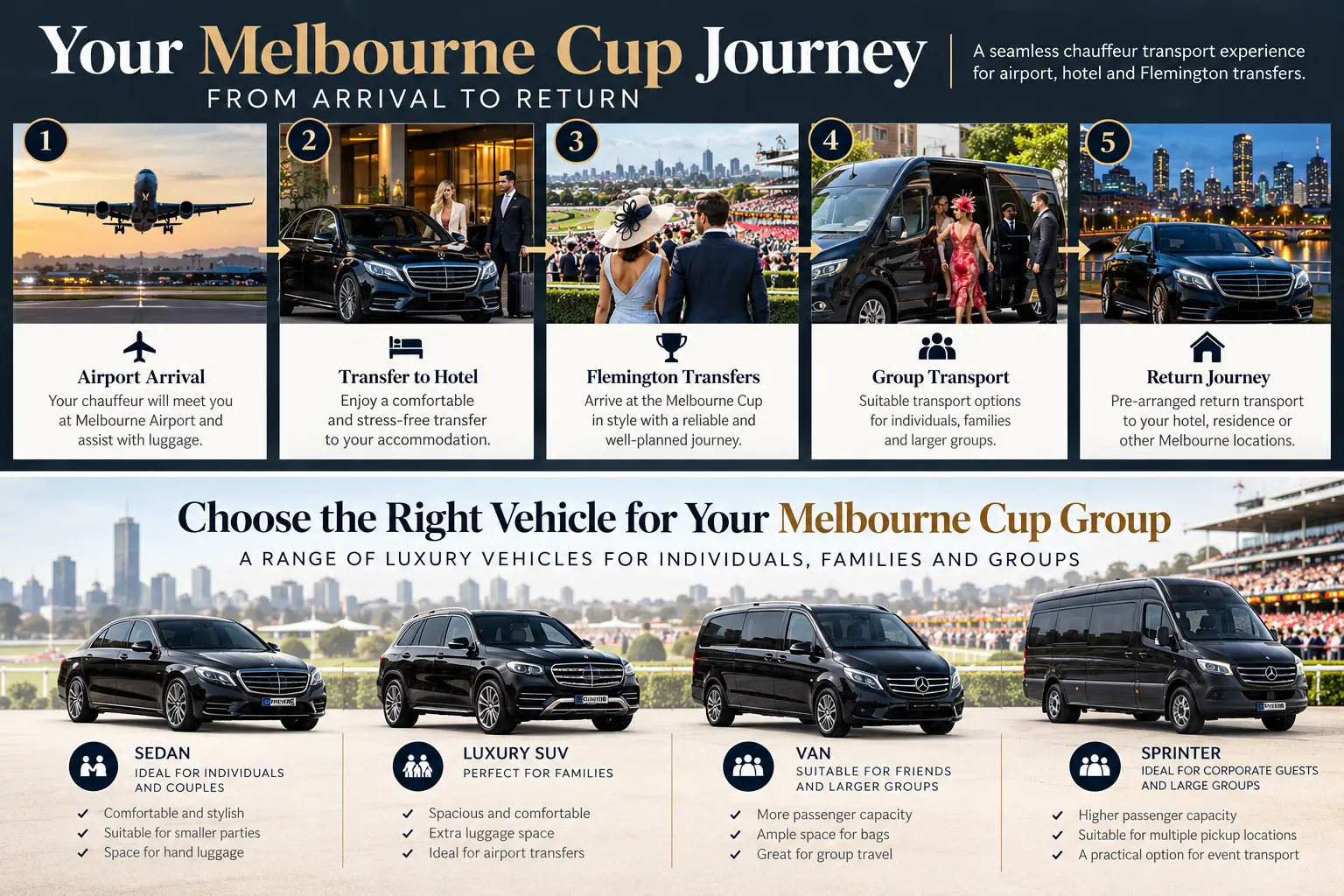 Melbourne Cup airport, hotel and Flemington chauffeur transport planning guide