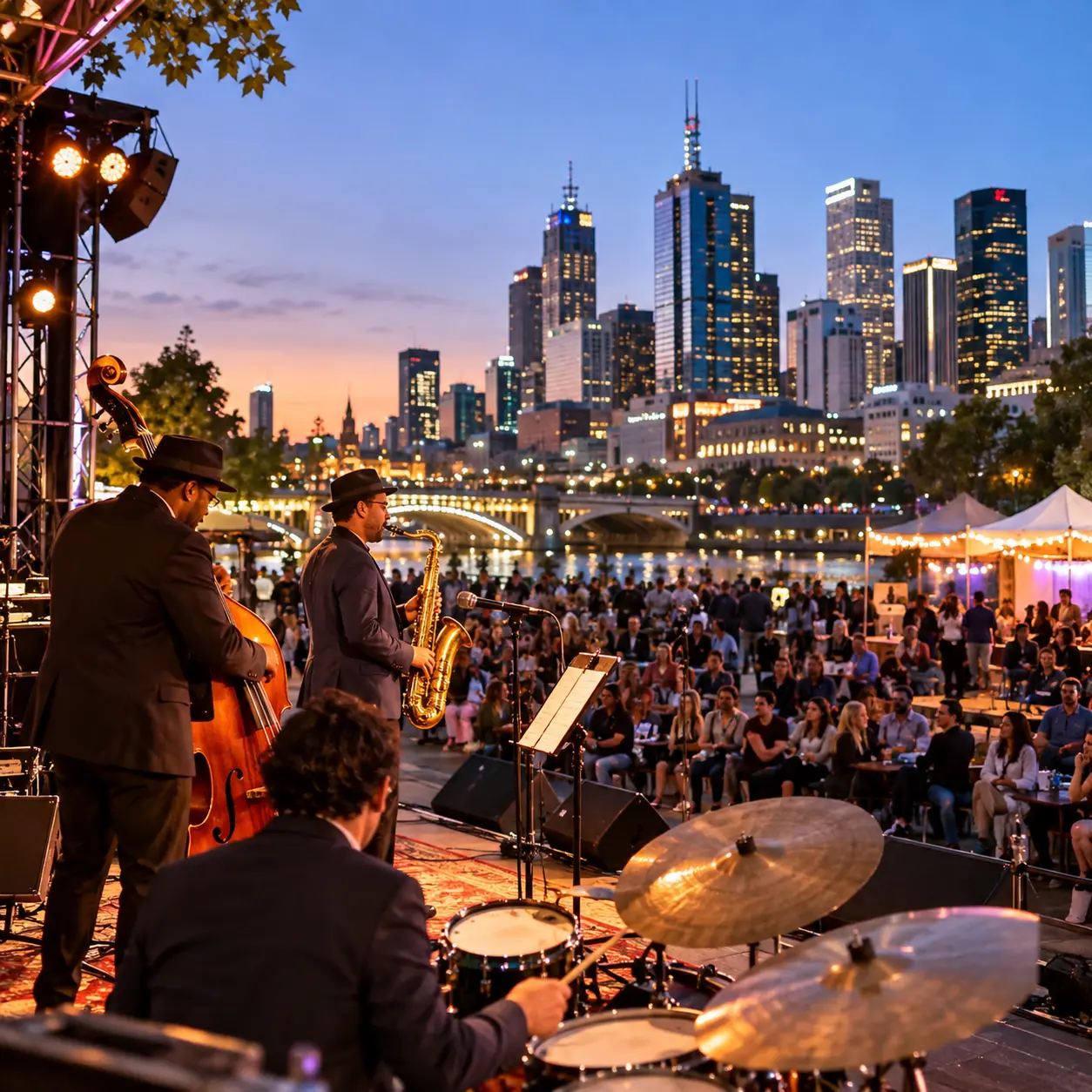 Melbourne jazz festival concert with live music and Event Transportation Melbourne at dusk.